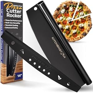 14″ Pizza Cutter Rocker Blade by KitchenStar – Sharp Stainless Steel Slicer Knife w Nonstick Coating & Protective Cover, Pizza Oven Accessories, Black