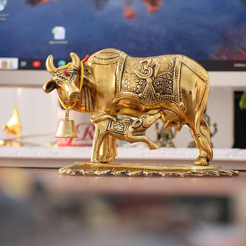 Image of KridayKraft Metal Om Kamdhenu Cow and Calf Metal Statue for Good Luck,Feng Shui As Table Top Figurine,Vastu,Religious Gau MATA Idol Home,Office&Table Decorative,Animal