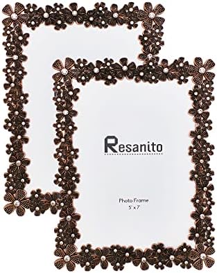 5x7 Inch Metal Picture Frames, Gift Photo Frame with High Definition Glass, Plated with Delicate Diamond Flowers Profile Display Photos for Wall or Tabletop, Vertical or Horizontal, Bronze, 2-Pack