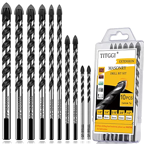 10-Piece Extended Masonry &amp; Concrete Drill Bit Set, Carbide Tips, 1/8"-1/2"