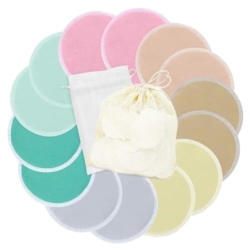 wegreeco Nursing Breast Pads (14 Pack) + Laundry Bag & Travel Storage Bag, 4.7 inch Option - Washable & Reusable Breastfeeding Nursing Pads (Red, Yellow, and Blue, Large, Plain Shape)