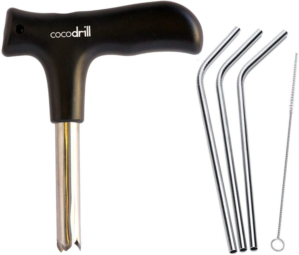 CocoDrill Coconut Opener Tool + 3 Reusable Straws -COMBO PACK - Stainless Steel Drinking Straw + Cleaner - Eco Friendly, SAFE, NON-TOXIC