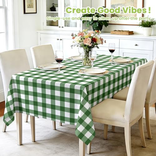 Image of Mulbozy Sage Green Gingham Tablecloth 4 Pack, 54 x 108 Inch Plastic Table Cloth Disposable, Sage Green and White Checkered Table Cover for Party Supplies