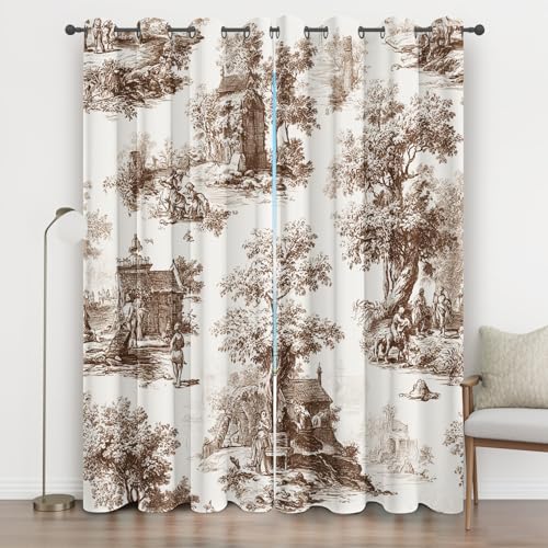 Générique Rideau Toile de Jouy - Lot De 2 à Oeillets, Rural Rétro Rideaux Occultant Opaque, Thermique Isolant Anti Froid, pour Fenêtre de Chambre, Salon,...
