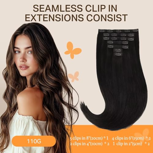 Image of DOORES Real Human Hair Extensions, Natural Black 16 Inch 7 pcs 110g, Seamless Clip in Hair Extensions with Straight Invisi Edge
