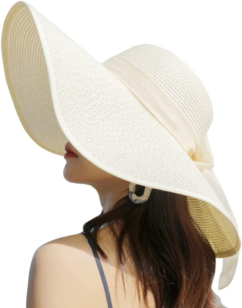 BABAHUWomen Foldable Floppy Wide Brim Straw Sun Hat Summer Beach Hat UV UPF 50+