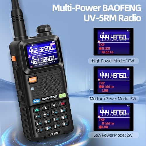 Comparison diagram between BAOFENG UV-5RM Plus and UV-5R models, highlighting differences in power, channels, screen size, charging method, battery, and frequency bands.