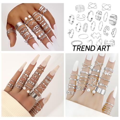 NJCXOLA 22 Stücke Silber Ringe Set Verstellbare Finger Ringe Offene Knoten Verschiedene Stapelbare Gelenkschwanz Strand Schmetterlings Herz Schmuck für Frauen Mädchen