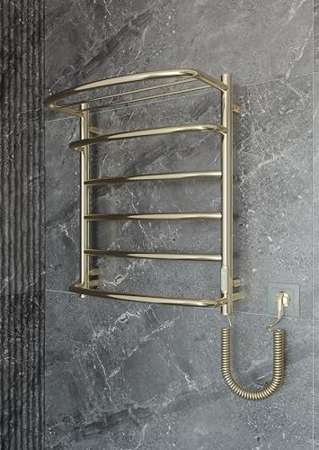 Elna - Radiador de toalla de oro (105 W, 605 x 530 mm, con estante, eléctrico, disipador de calor compacto de acero inoxidable, con termostato, temporizador y Eco IP44, montaje en pared para baño