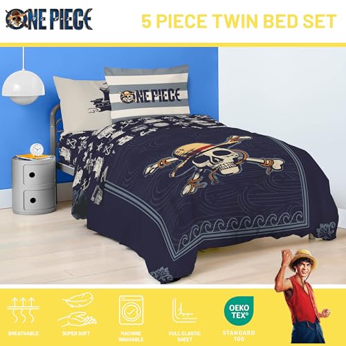 Image of One Piece Luffy Twin Comforter Set 5 Piece Soft Anime Bedding, Blue | Bed in a Bag, Comforter Sheets Sham Pillowcase, Official Product, Soft Microfiber, Machine Washable, Kids Gift