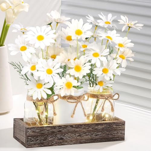 Warmtree Mason Jar Lights Centerpiece Table Decorations for Farmhouse Coffee Table Wood Tray 3 Jars Flowers and Led Light for Dining Room Bathroom Kitchen Summer DecorWhite
