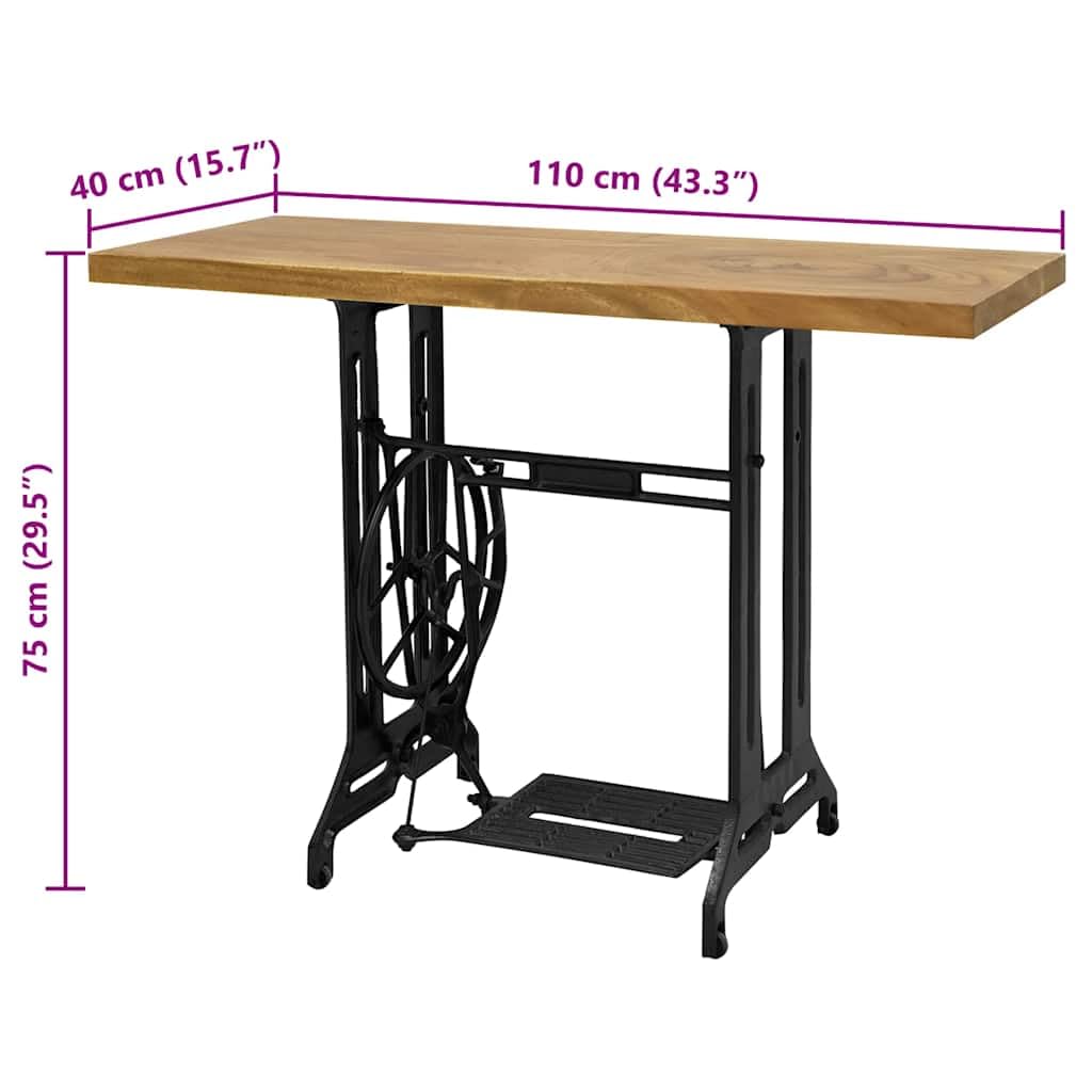 Tavolo consolle per macchina da cucire in legno massiccio Suar e ghisa, 110 x 40 x 75 cm, tavolino rustico con pedale mobile, tavolino versatile per soggiorno, camera da letto