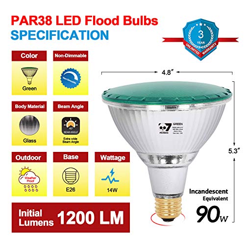 7Pandas Green Led Par38 Flood Light Bulbs, True Color Full Glass Outdoor Waterproof Led Lights, E26 Base (90W Halogen Equivalent), 1200 Lumen For Porch, Halloween, Christmas, Holiday Lighting, 4-Pack #TOP1