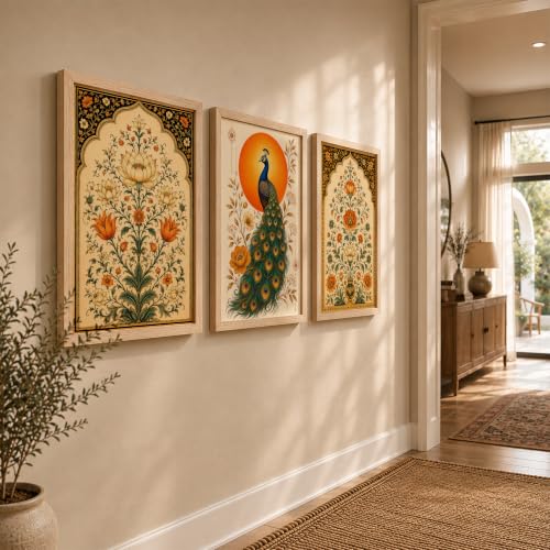 Image of NoWorries Floral Peacock Wall Art Set of 3 Framed Prints | Indian Traditional Botanical Painting, Royal Peacock & Lotus Flower Poster, Vintage Rajasthani Wall Decor for Living Room Bedroom Home (Synthetic Engineered Wooden Frame) (MIN -1, 21x31 inches)