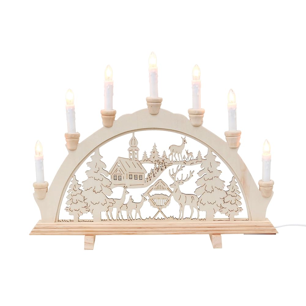 Wichtelstube-Kollektion Holz Schwibbogen Lichterbogen Waldkirche und Rehe 45cm Schwippbogen Weihnachten Weihnachtsbogen Schwibbogen Weihnachten 7 Kerzen 230V Anschluss