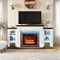 70" Electric Fireplace with Mantel, LED Fireplace TV Stand for TVs Up to 80 Inch, Modern Entertainment Center with Storage, Realistic Stacked Stone Surround with Remote Control for Living Room
