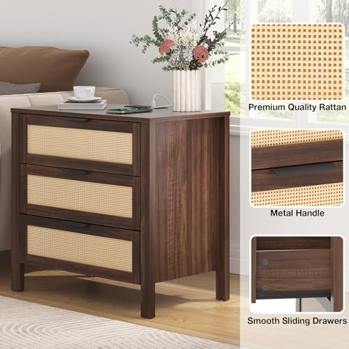 HOMMPA Rattan Night Stand with Charger Station Set of 2, 26'' Wide Boho Nightstand with 3 Drawer, Modern Bedside Table with Plug, Bed Side End Table Dresser with Open Shelf for Bedroom, Walnut - image 4