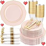 Liacere 350PCS Pink Plates Disposable-PinK Plates 50guest Baroque Plastic Dinnerware include 100Plates, 50Pack Pre Rolled Napkins with Silverware 50Cups Perfect for Valentine's Day＆Galentines Day