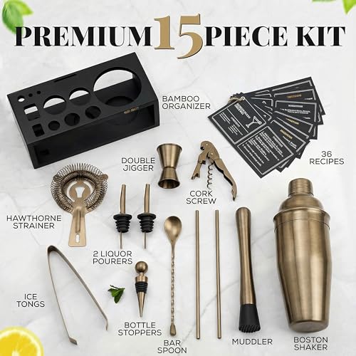 Image of Brushed Brass Mixology Kit - 15 Piece Bar Tool Set, Silver Bar Set Cocktail Shaker Set for Drink Mixing - Includes Martini Shaker, Jigger, Strainer, Bar Mixer Spoon, Tongs, Opener | Gift Idea