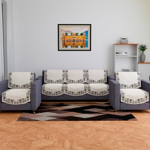Image of Kuber Industries Sofa Cover | Velvet Sofa Cover Set | Digital Painting Quilted Sofa Set | Suede Ultra Sonic Couch Cover | Sofa Cover for Living Room | Cream