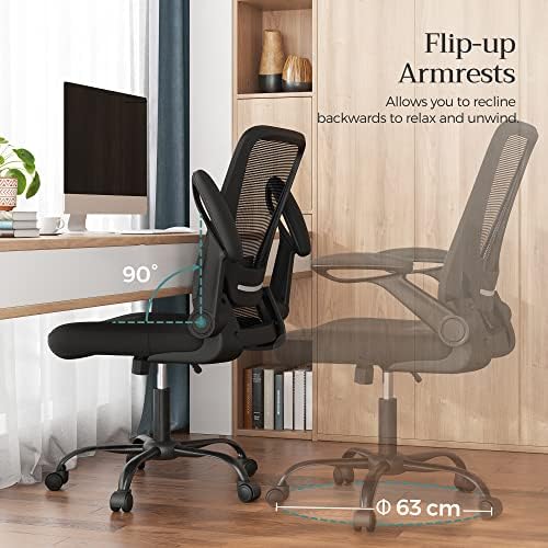 SONGMICS Krzesło biurowe ze składanymi podłokietnikami, krzesło do biurka z siatkową tapicerką, ergonomiczne krzesło do komputera, krzesło obrotowe 360°, oszczędzające miejsce, czarne OBN37BK