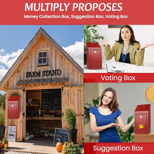 Metal Donation Box-Suggestion Box with Slot and lock-Cash Lock box for Money-Secure Drop Box-Comment and ballot voting box-comes with pre-drilled holes for easy wall mounting 10 X 6 X 2.5"(Red) - Thumbnail 2