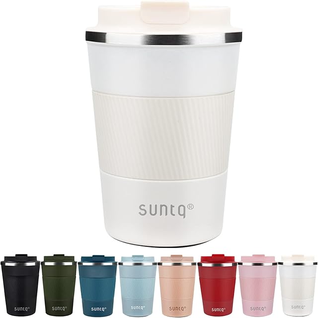 SUNTQ Reusable Coffee Cups Travel - Coffee Travel Mug with Leakproof Lid - Thermal Mug Insulated Cup - Stainless Steel Travel Cup with Rubber Grip - for Hot and Cold Drinks, 13oz/380ml White