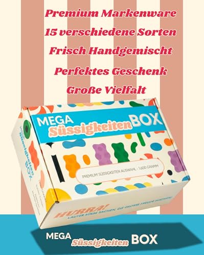 Mega Süßigkeiten Box 1,6kg - Frisch gemischt von Der Zuckerbäcker, mit Haribo Trolli Red Band Suntjes, 15 Sorten Fruchtgummi Mix XXL, Geschenkbox Snackbox, Handverpackt in Deutschland