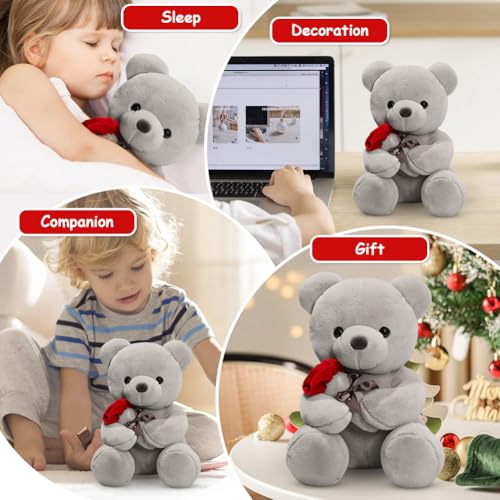 Teddybär Plüsch Kuschelbär 23 cm Teddybär Klein, Teddy Bär mit Rose Stofftier Spielzeug Dekozimmer,Plüschtier Bär Kuscheltiere für Mädchen und Jungen,Geschenk für Weihnachten, Valentinstag, Geburtstag