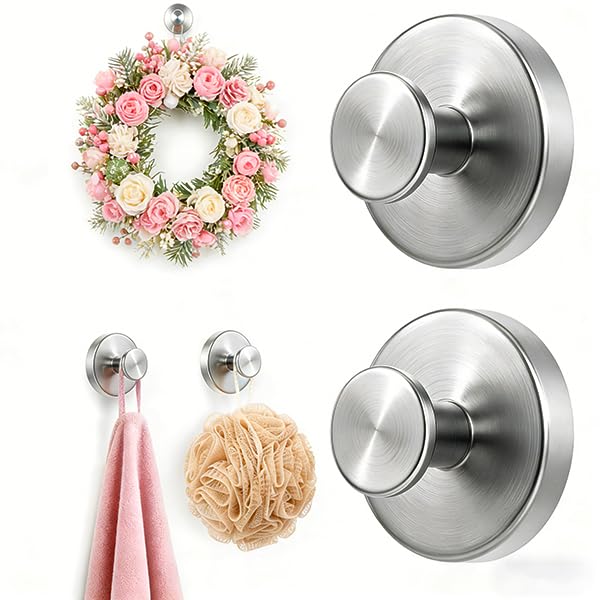 2PCS Stainless Steel Vacuum Suction Cup Hooks, No Drill Damage Free Waterproof for Shower Bathroom Kitchen-Reusable Removable Holder for Towel Robe Loofah on Glass Door Tile Mirror, Brushed Silver