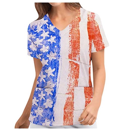T-shirt kvinnor positionering självständighetsdagen flagga tryck kort ärm arbetskläder topp (S,4a)