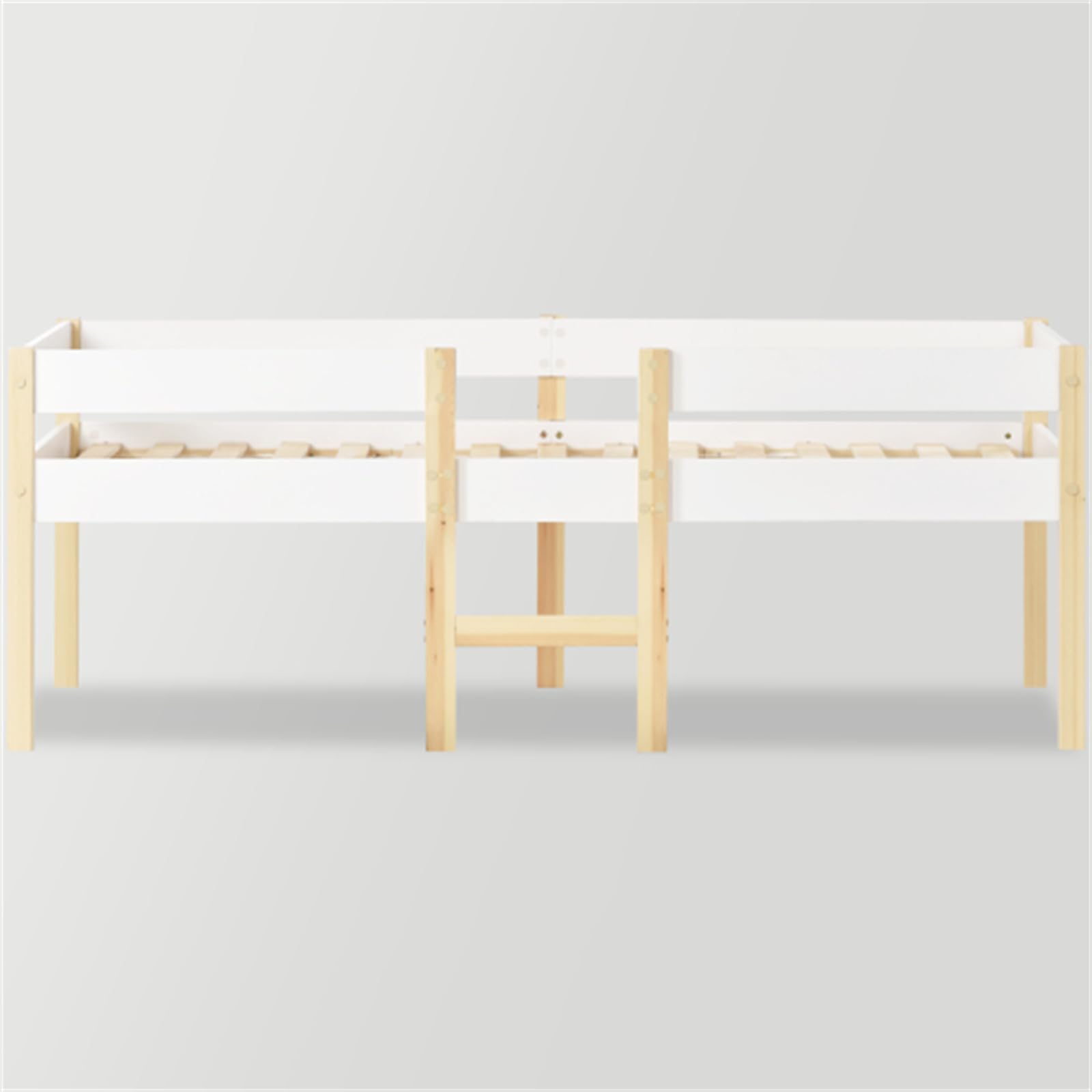 Letto a castello con protezione anticaduta, lettino con griglia e scala, 90 x 200 cm, bianco e rovere, rete a doghe in pino massello per ragazzi e ragazze