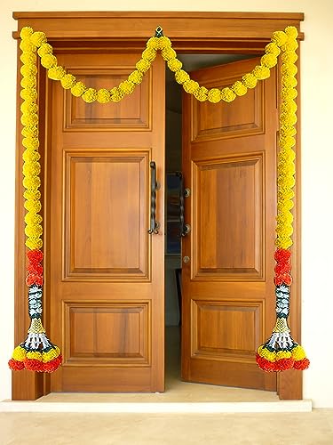 Image of Tia Crafts Artificial Marigold Handmade Fluffy Flower Toran for Main Door Entrance Decoration with Jasmine & Bell for Home, Pooja Room, Festival, Diwali, Ganpati, Wedding Decor Yellow | Set of 2