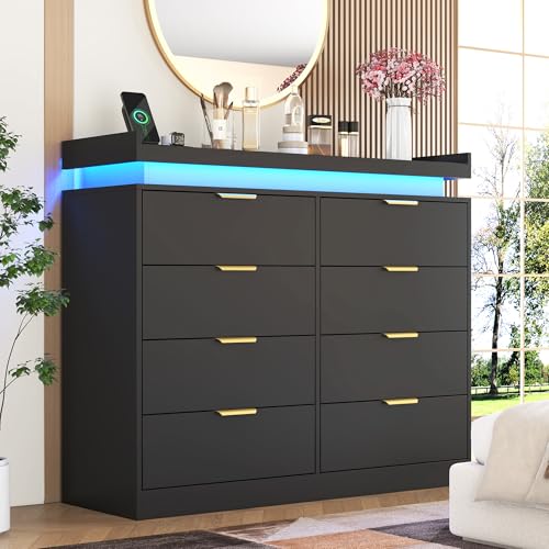 8-Drawer Black Dresser with LED Lights and Power