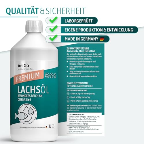 AniGo Premium Lachsöl Hunde 1 Liter, Omega 3 & 6 Barf Öl Hund I Lachsöl Hund 1 Liter I Hochdosiertes Fischöl - in Lebensmittelqualität