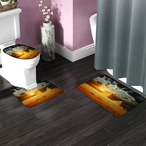 Badezimmerteppich-Set, 3-teilig, ägyptische Pyramiden bei Sonnenuntergang, waschbare Badeteppiche, rutschfest, mit Rückenpolster, Konturteppich und Toilettendeckelbezug – Bild 4