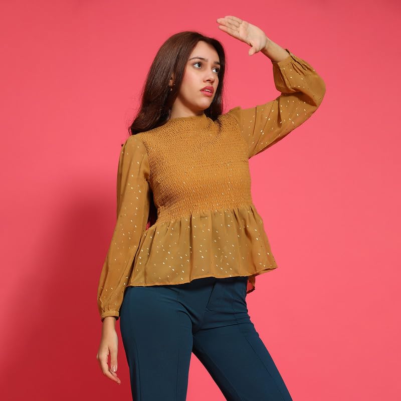 Image of oxolloxo Women Round Neck Long Sleeve Smocked Peplum Top