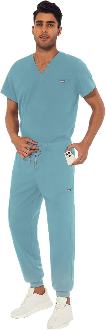 VIAOLI Athletic Scrub Set for Men V-Neck Scrub Top & Yoga Jogger Scrub Pants with 8 Pockets Medical Nursing Working Uniform