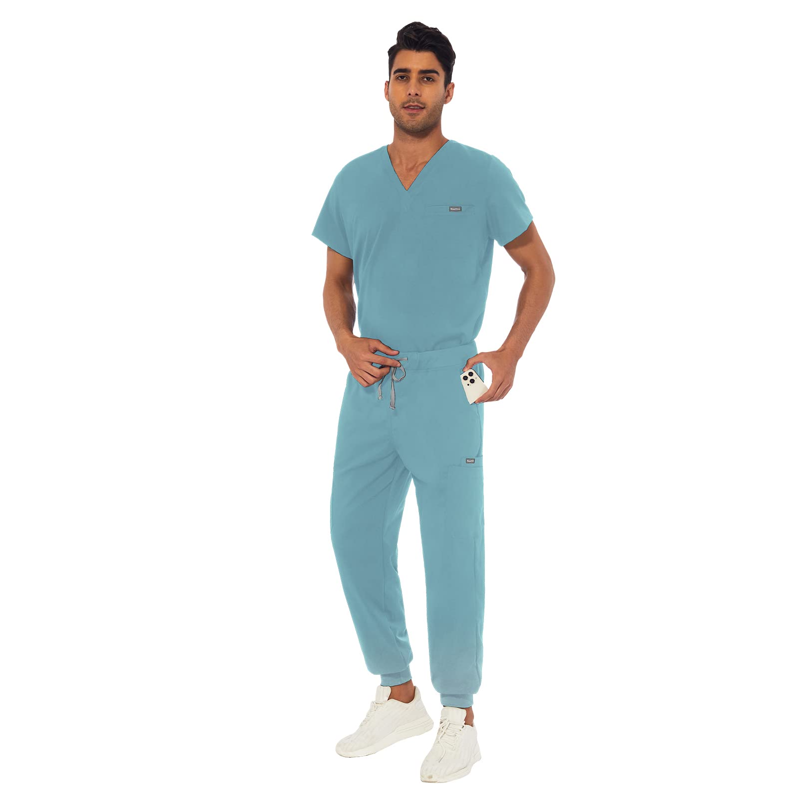 VIAOLI Athletic Scrub Set for Men V-Neck Scrub Top & Yoga Jogger Scrub Pants with 8 Pockets Medical Nursing Working Uniform (Light Blue, XXL)