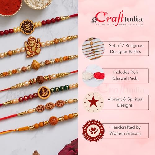 Image of eCraftIndia Set of 7 Rakhi Combo Hamper | Multicolor Om Ganesha Swastik Rudraksha Pearls Religious Designer Rakhis | Roli Chawal Pack