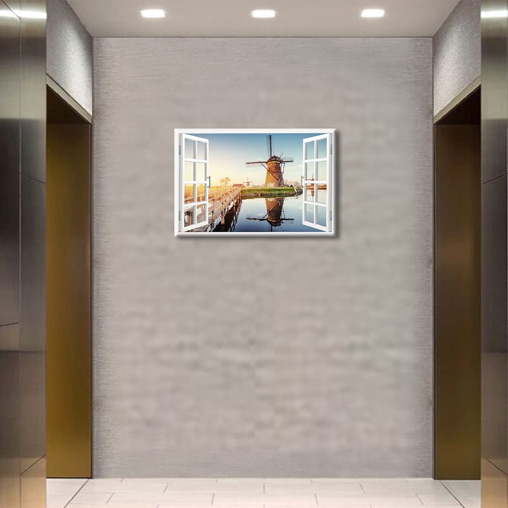 TISHIRON Dutch Windmills View 3D Window Effect Canvas Art Seaside Landscape Wall Art Canvas Prints Decor Posters for Living Room Bedroom Posters Prints Framed Ready to Hang - Image 2