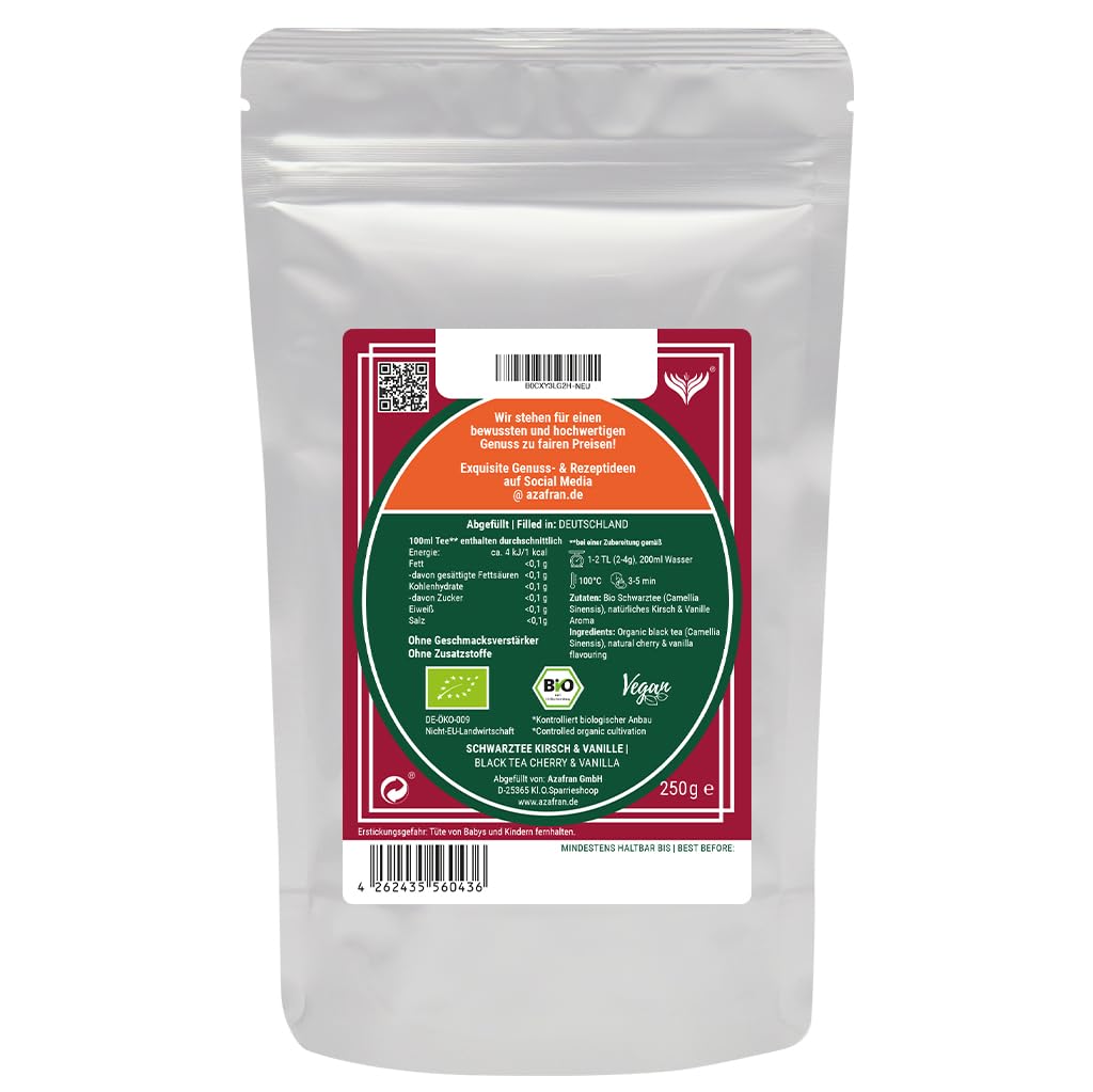 Azafran BIO Schwarztee Vanille Kirsch, Schwarzer Tee aromatisiert lose, Vanilletee mit Kirsche 1kg