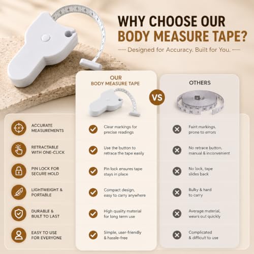 Image of Body Measuring Tape with Lock Pin and Retractable Push Button 150 CM(60 Inch) Measurement| Tape Measure for Body for Fat Measurement and Weight Loss Sewing Tape Tailor (White)