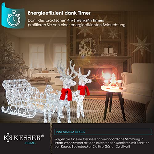 KESSER® 240er LED Rentiere mit Schlitten weiß Timer Inkl. 2X Dekoschal Weihnachtsbeleuchtung für außen und innen Weihnachtsfigur Weihnachtsdekoration mit Dauerbeleuchtung und blinkende