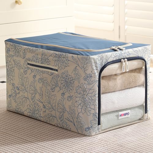 Image of HOKIPO Clothes Storage Box, 600D Oxford Fabric Organiser for Wardrobe, Blue Blossom - Extra Large Pack of 1 (AR-6490-BLU)