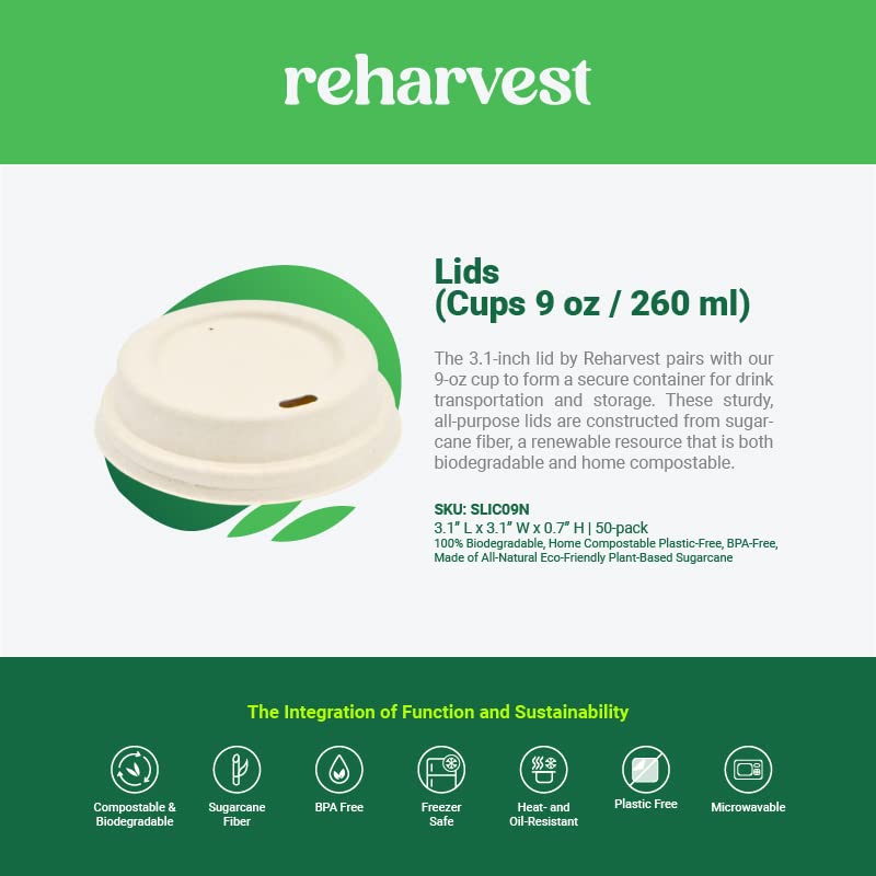 Reharvest 9 oz Cup Lids [Pack of 50], 3.1-in Diameter, Heavy-Duty, 100% Biodegradable, Home Compostable, Plastic-Free, BPA-Free, Made of Eco-Friendly Plant-Based Sugarcane Bagasse