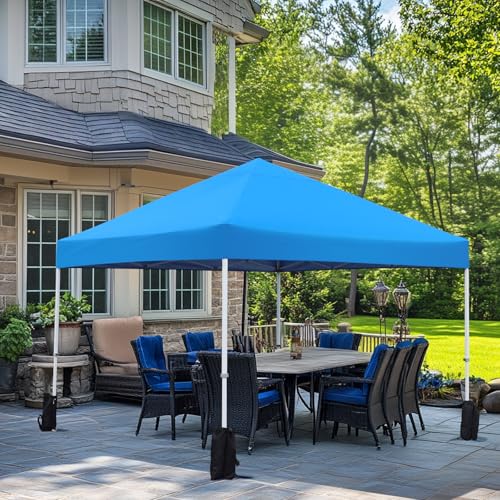 Image of Amazon Basics Outdoor Pop Up 10 x 10 Canopy Tent for Events, Portable with Easy Setup, Sun Shelter for Outdoor Activities, Includes Wheeled Carry Bag, 8 Pegs, 4 Ropes, 4 Weighted Bags, Blue