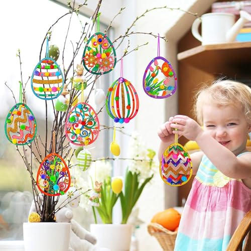 Oster Basteln Kinder, Holz Ostereier zum Bemalen 109 Stück Bastelsets Kinder Holzanhänger Ostern zum Bemalen mit Pompons, Deko Schnur, Strass, Osteraufkleber, Ostergeschenke