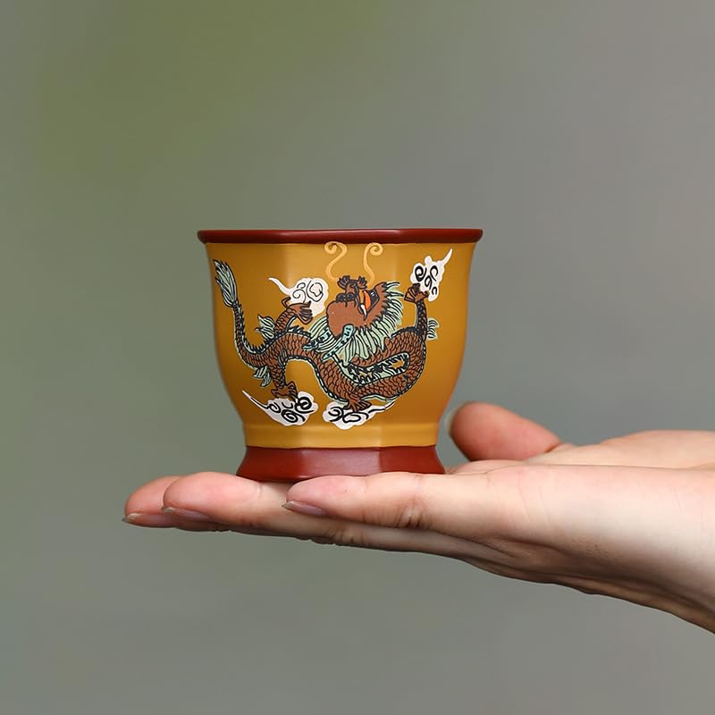 Kleine Teetassen 3er-Pack Teetassen aus lila Ton im Vintage-Stil mit Drachenmuster, handgefertigte chinesische Gongfu-Teetassen