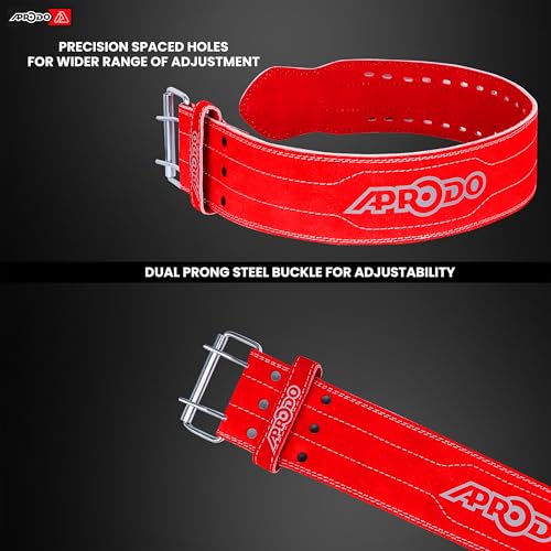 Image of Aprodo Gym Belt for Men and Women Workout with Secure Double Prong Buckle | 8.6mm Thick Suede Leather Professional Belt For Heavy Weight-Lifting, Powerlifting, Bodybuilding, Squatting and Strength Training (Red, S)
